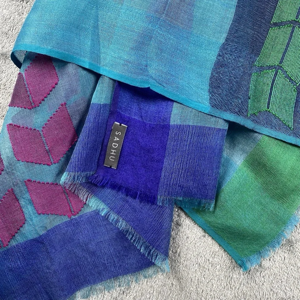 Sadhu Scarf Shawl Wrap Silk Wool Geometric Sheer Hand Woven Blue‎ Green Purple